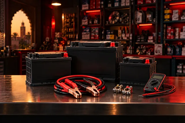 Car batteries, jumper cables and a multimeter