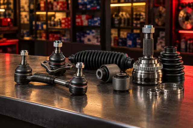 Ball joints, tie rods, steering rack boot and CV joint